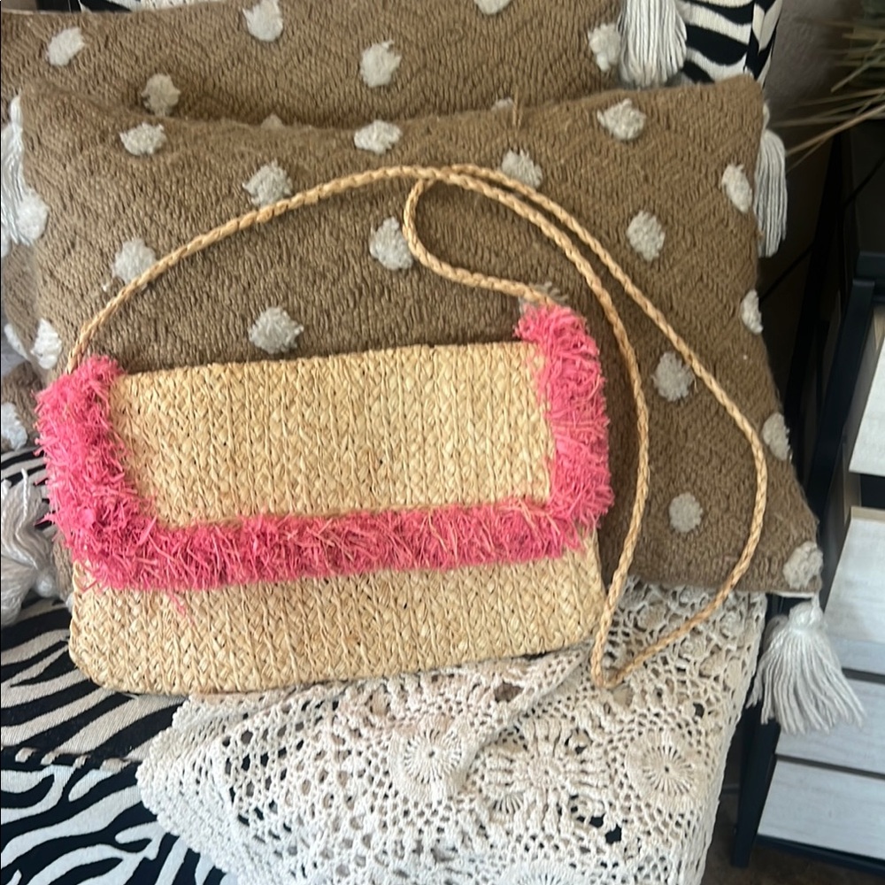 Bujibaja Pink and Tan Shoulder Bag with Furry Trim